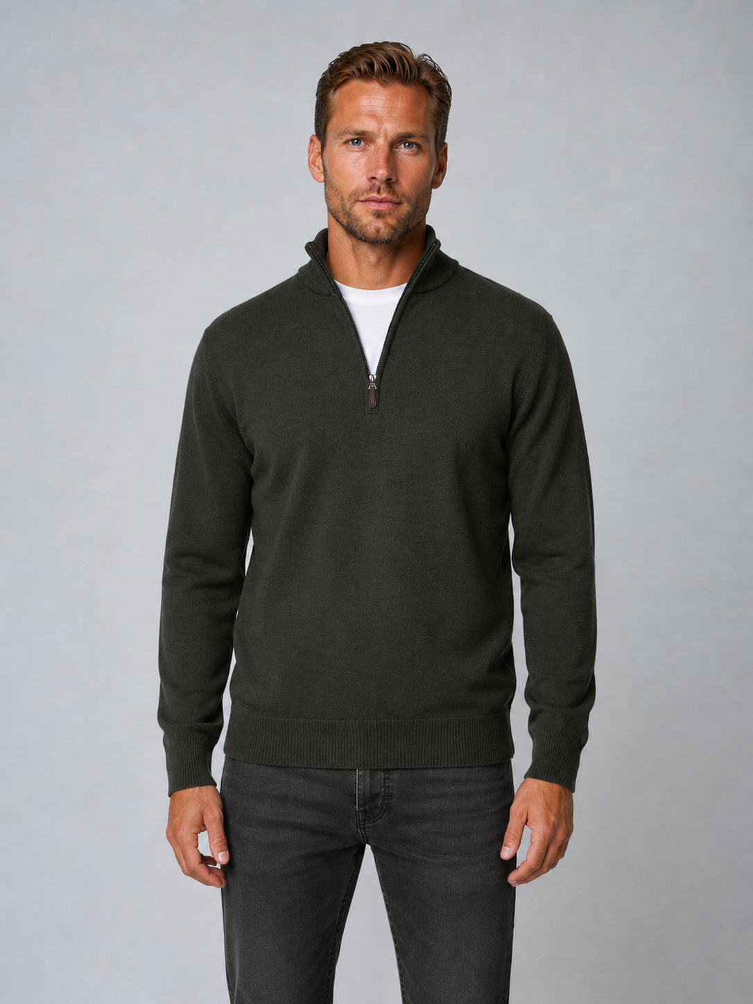 Men's 100% Merino Wool Quarter Zip Jumper - Olive Green