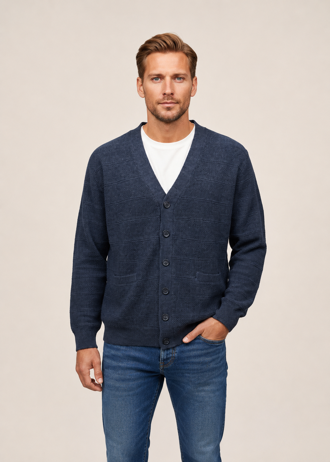Men's Pure Wool V Neck Textured Cardigan - Indigo Blue