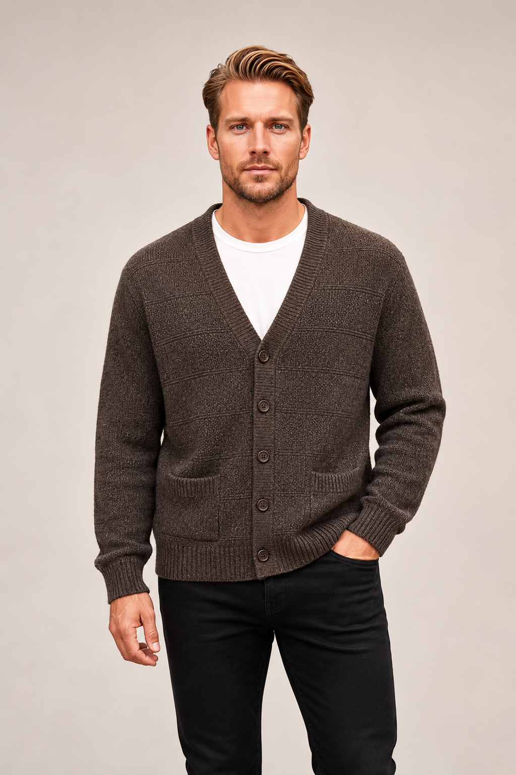 Men's Pure Wool V Neck Textured Cardigan - Coffee Brown