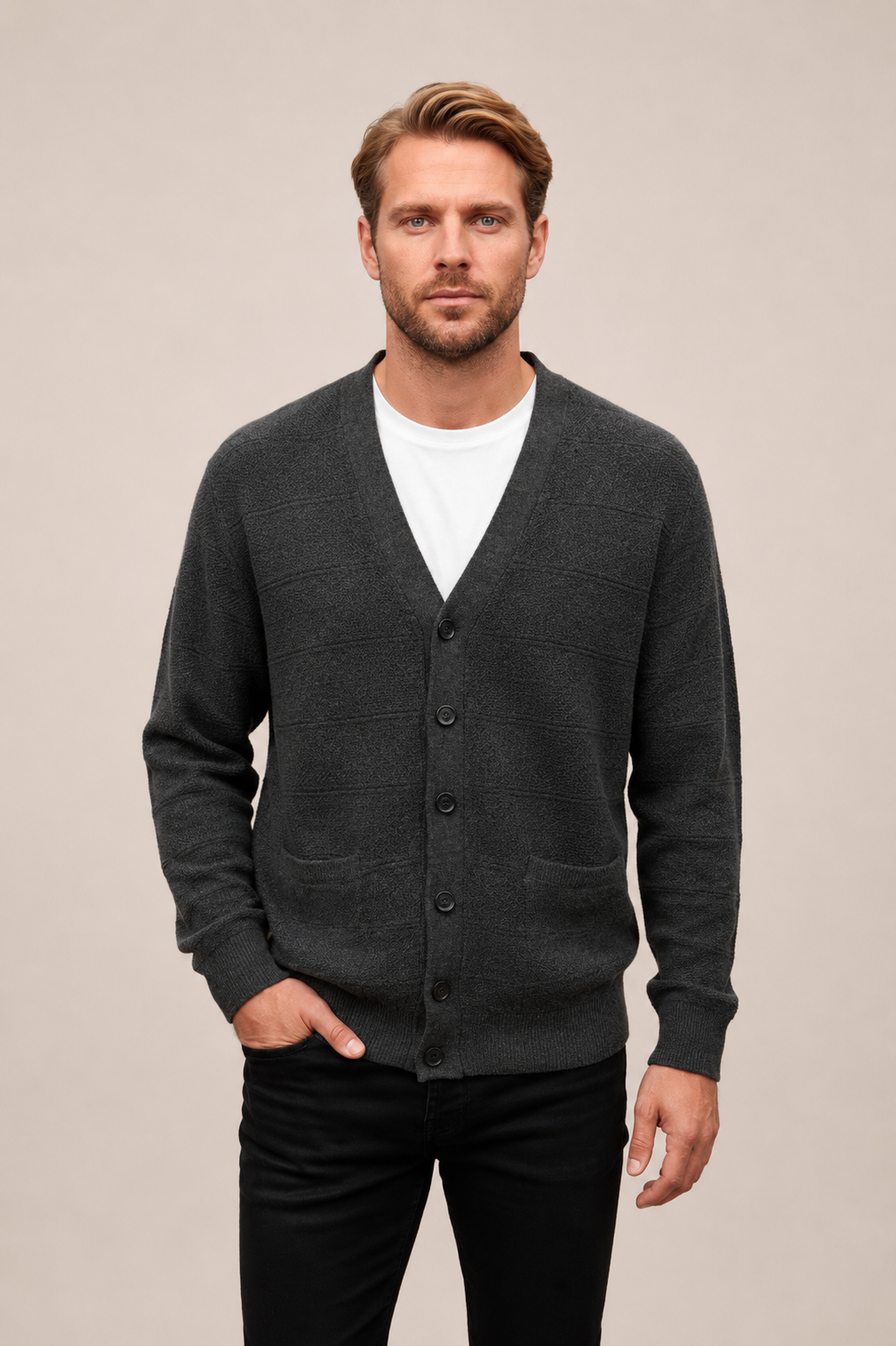 Men's Pure Wool V Neck Textured Cardigan - Indigo Blue