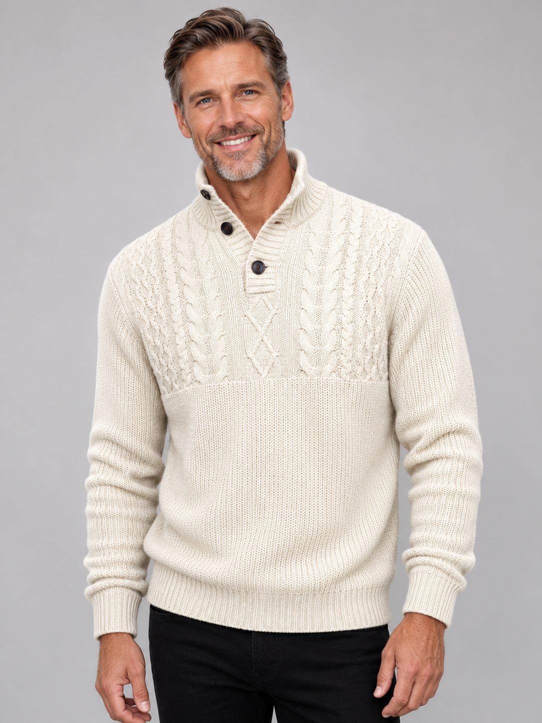 Ansett Men's Woollen Polo Neck Button Collar Jumper - Snow