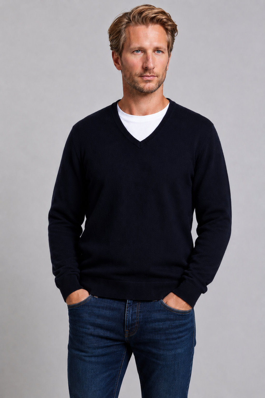 McDonald Men's Possum Merino V Neck Jumper - Navy Blue