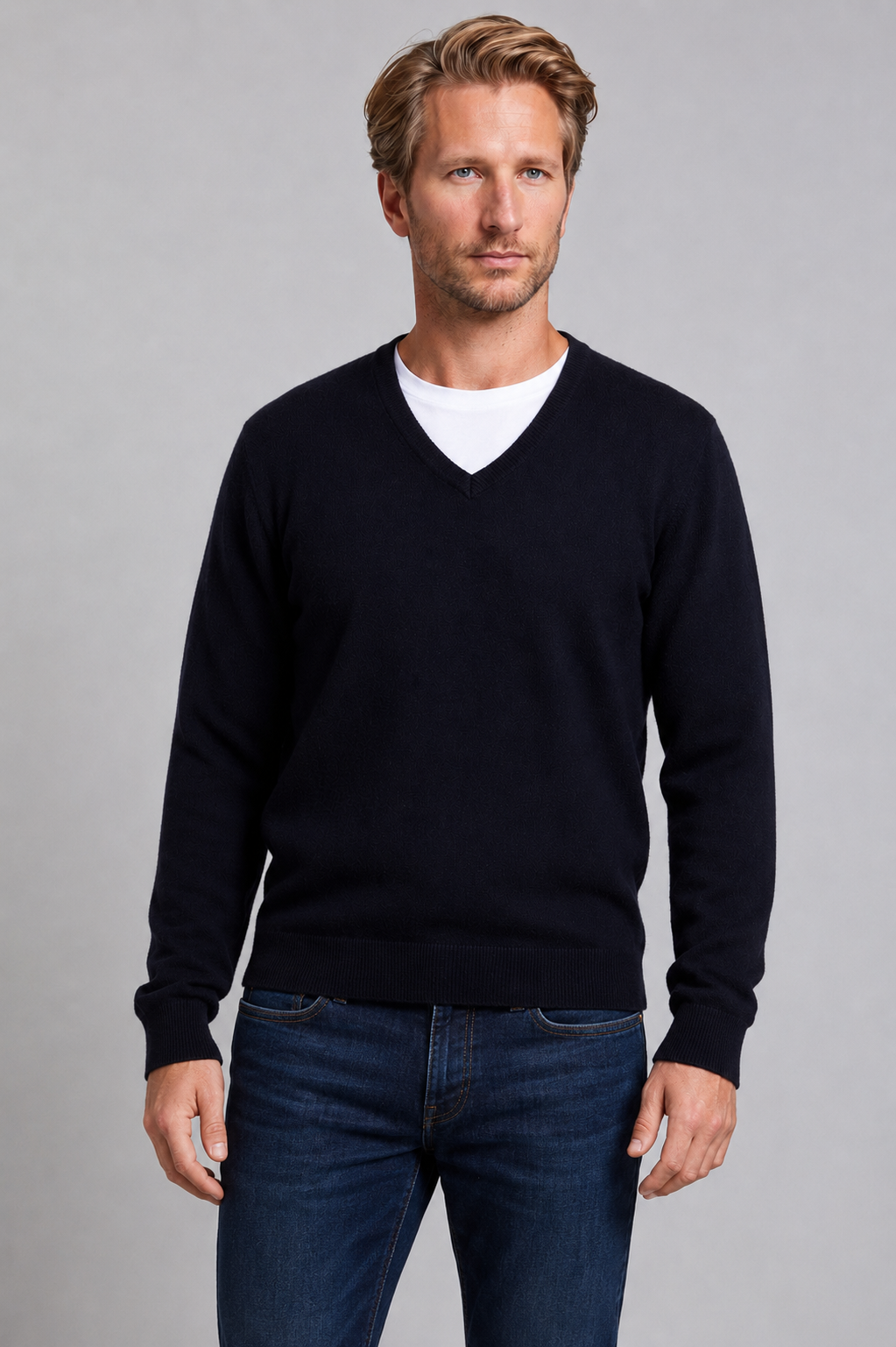 McDonald Men's Possum Merino V Neck Jumper - Navy Blue