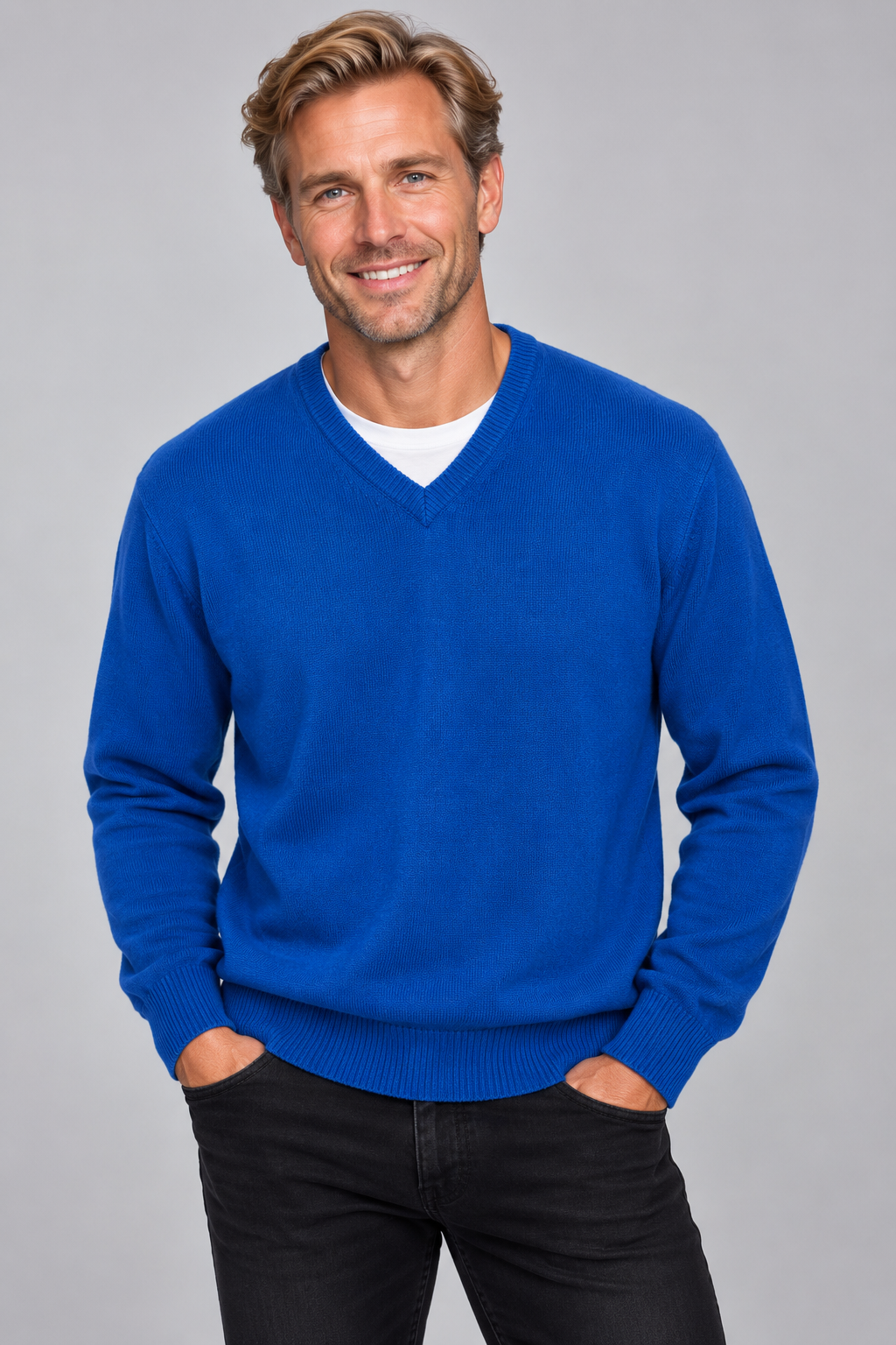Royal Blue Cashmere Merino Wool V Neck Jumper