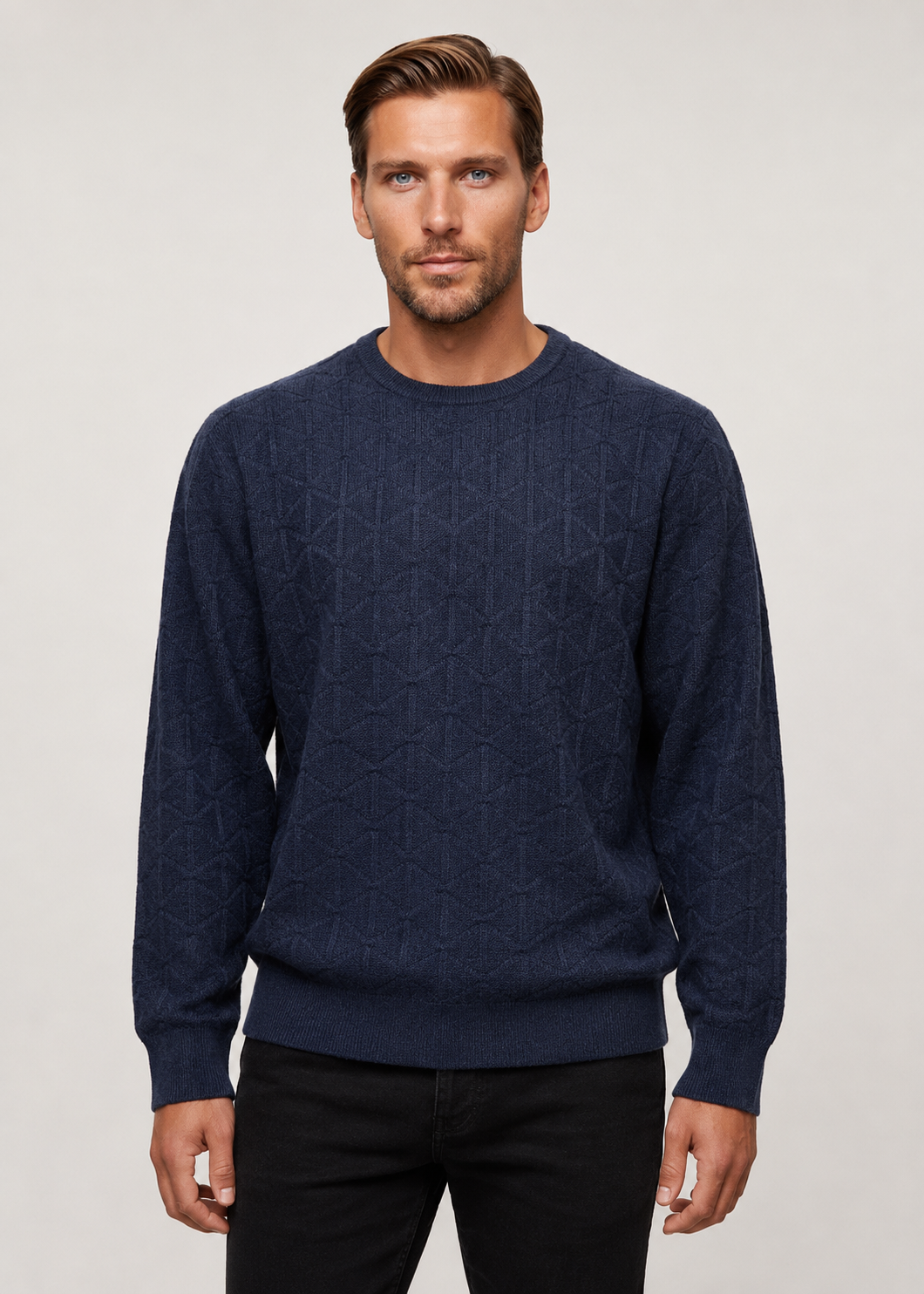 Men's Cashmere Merino Wool Textured Crew Neck Jumper - Indigo Blue