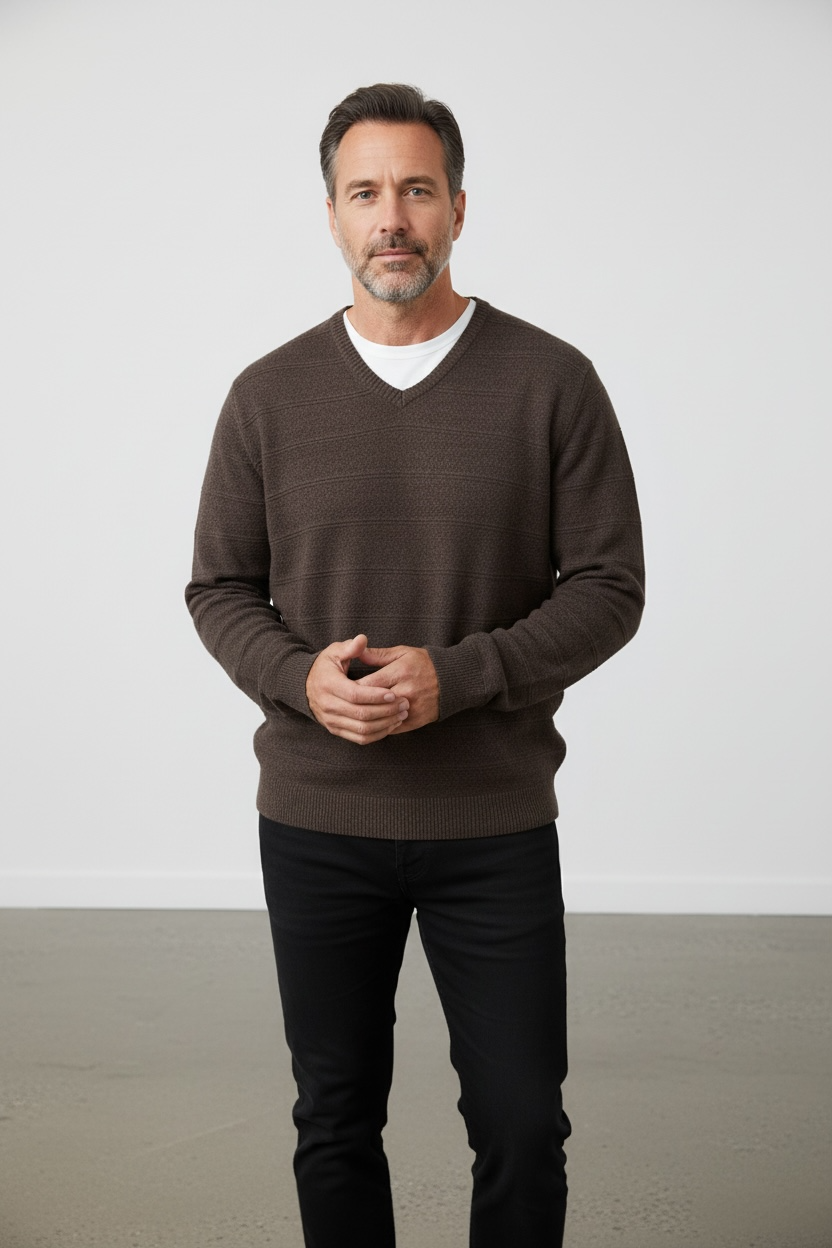 Man wearing a brown sweater and black pants against a plain background