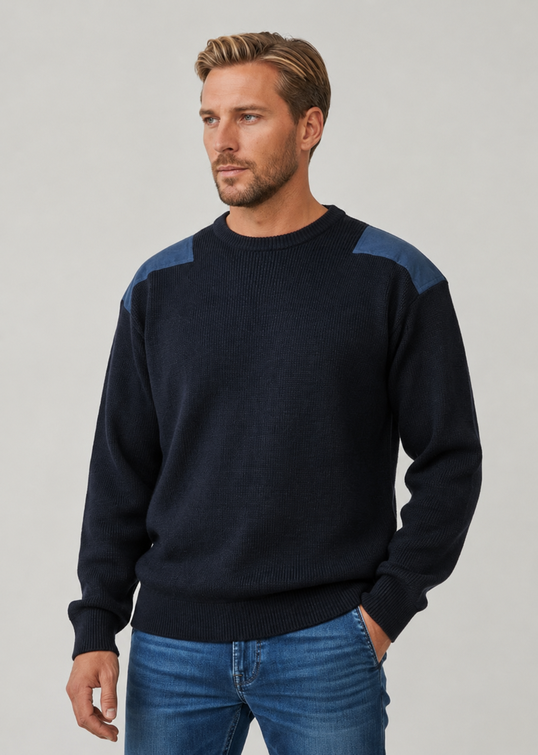 Ansett Men's Wool Crew Neck Jumper With Elbow And Shoulder Patches - Navy Blue