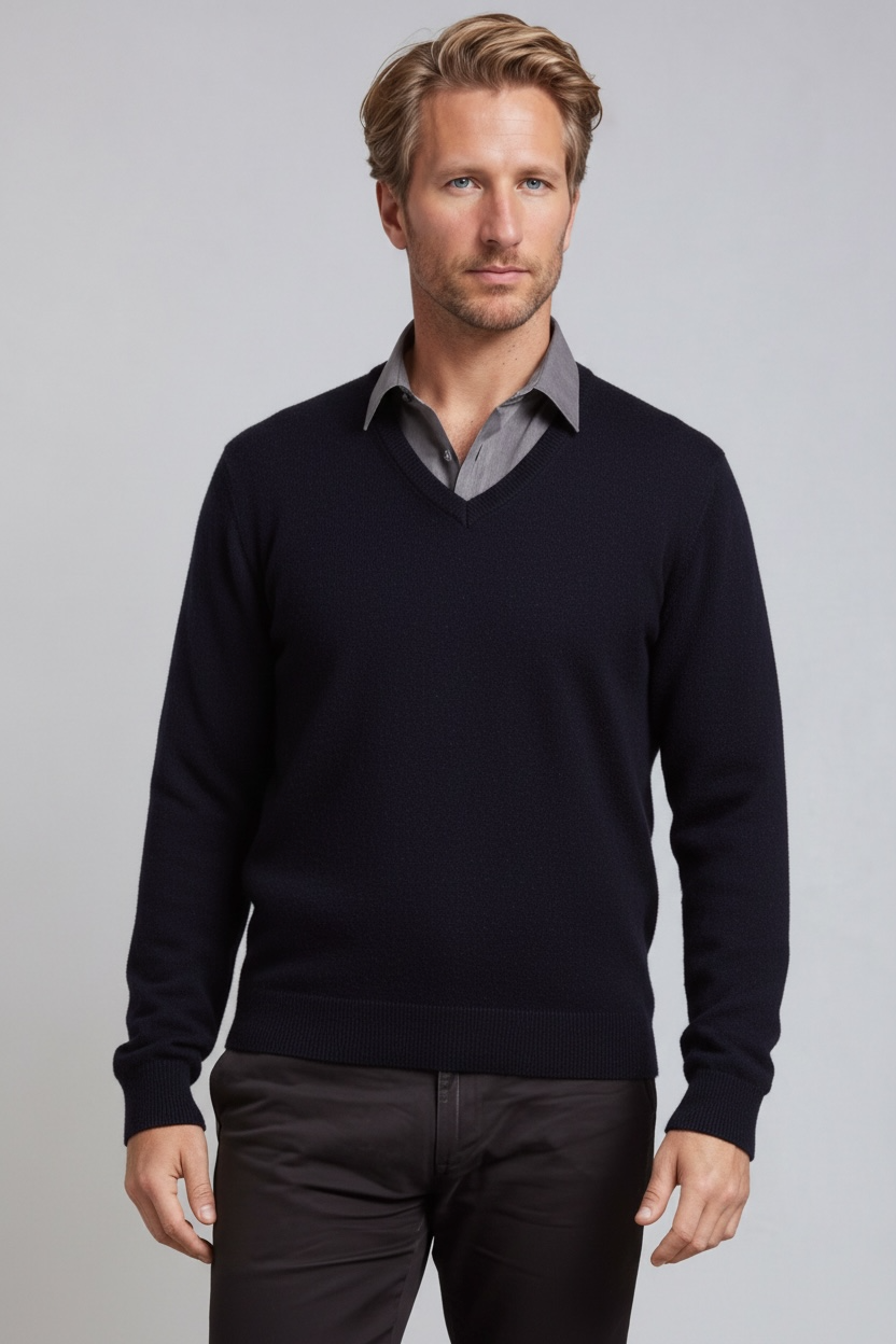 Man wearing a dark blue sweater over a gray shirt with a light gray background