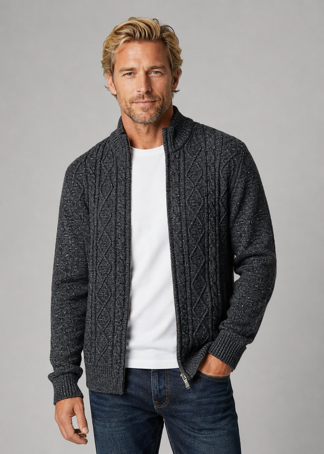 Shale Grey Patterned Pure Wool Ansett Full Zip Jacket