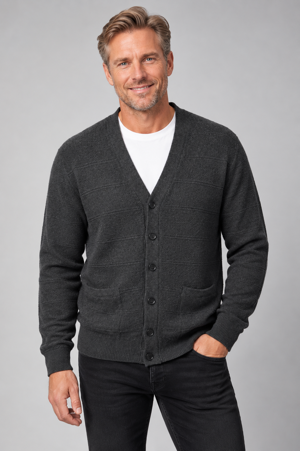 Men's Pure Wool V Neck Textured Cardigan - Indigo Blue