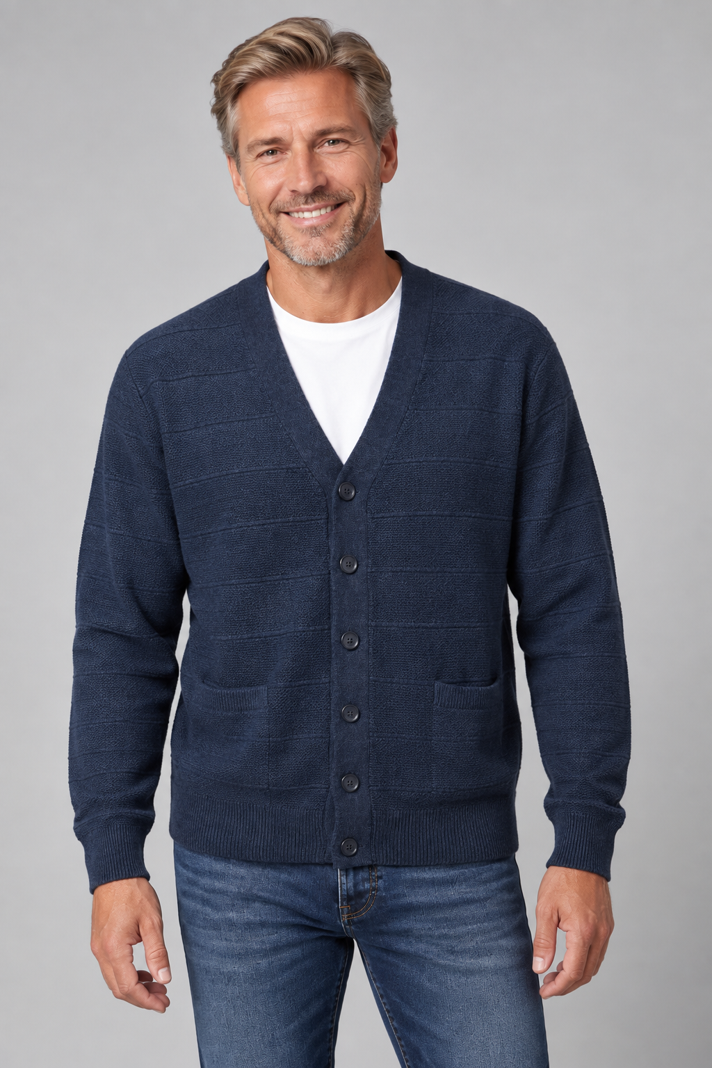 Men's Pure Wool V Neck Textured Cardigan - Indigo Blue