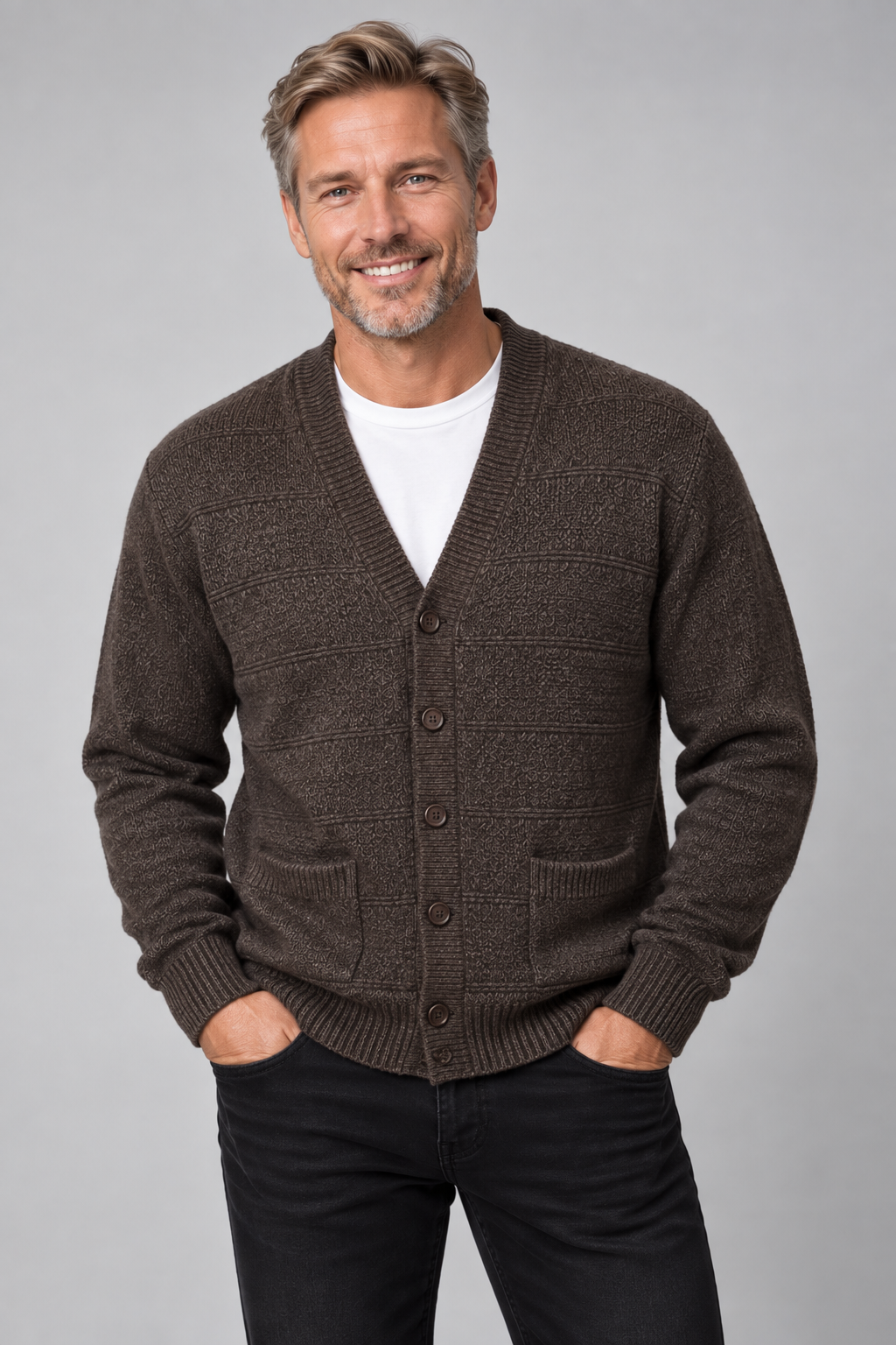 Men's Pure Wool V Neck Textured Cardigan - Coffee Brown