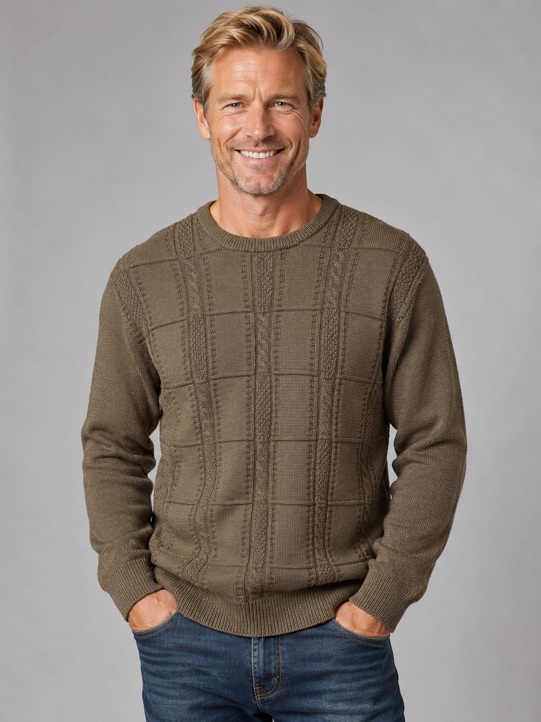 9212 Taupe Cable Crew Neck Jumper - Tradewinds By Ansett