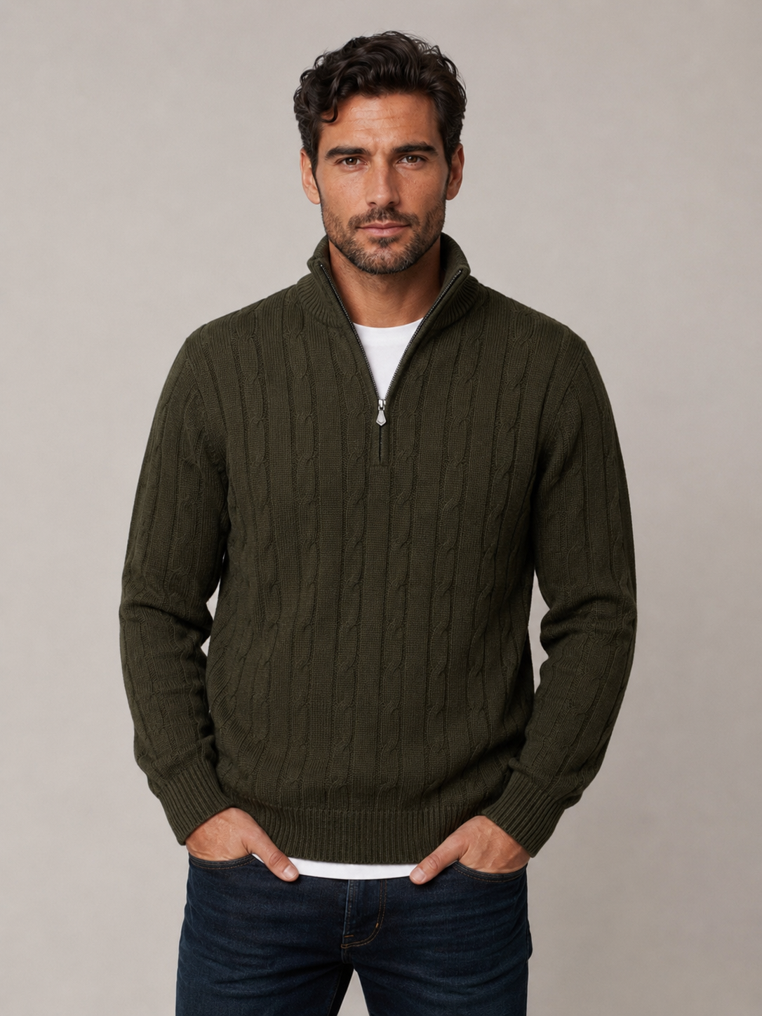 Ansett Loden Green Half Zip Cable Wool Jumper
