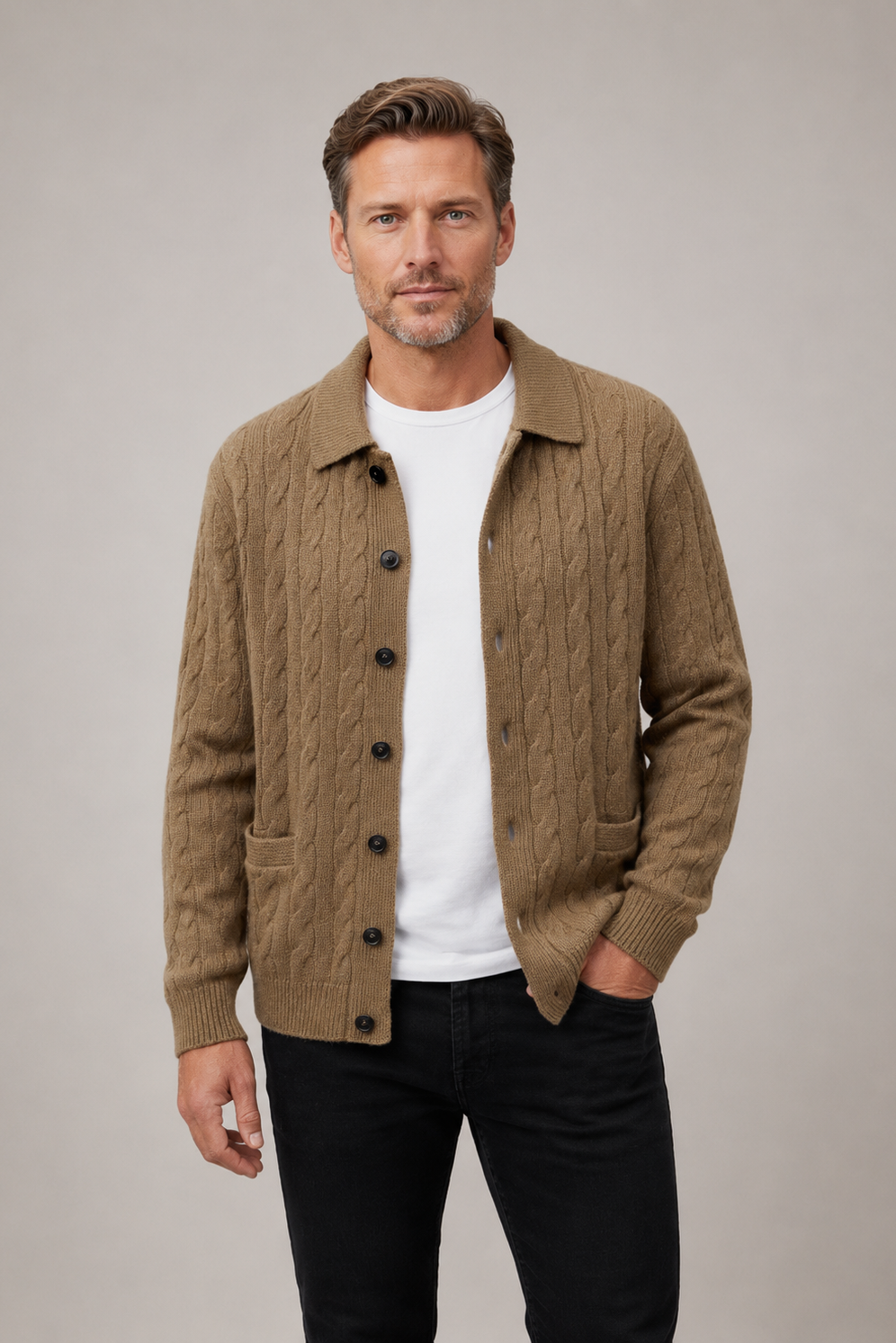Men's Pure Wool Round Neck Cable Cardigan - Almond