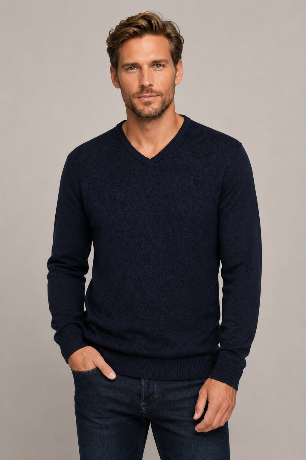 Ansett Men's Merino Wool V Neck Jumper Argyle - 8123 Navy Blue