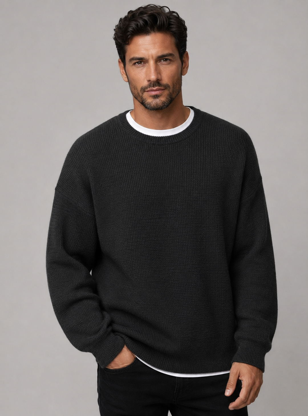 Ansett Pure Wool Charcoal Grey Fisherman Rib Knit Jumper