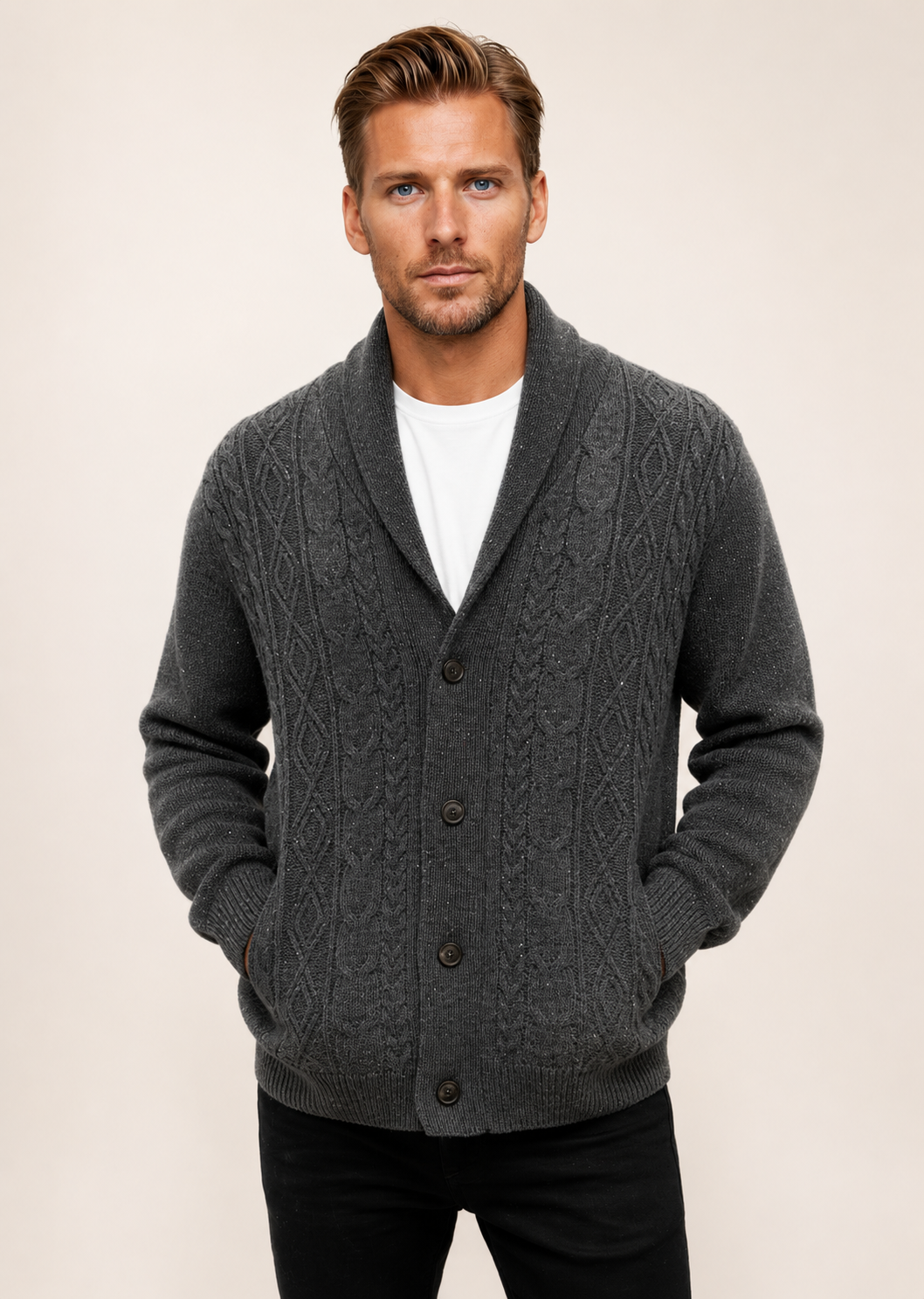 Ansett Men's Shawl Neck Cardigan 100% Wool - Shale