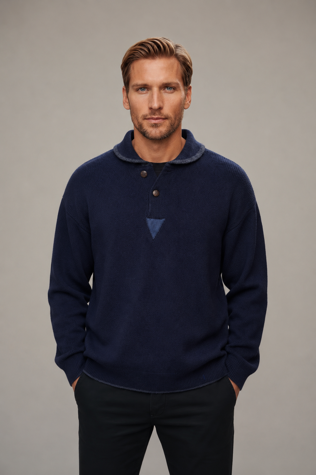 Ansett Wool Navy Blue Shawl Neck Jumper