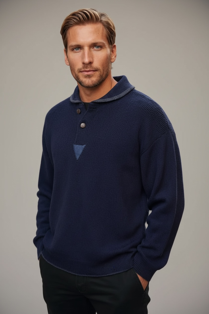Ansett Wool Navy Blue Shawl Neck Jumper