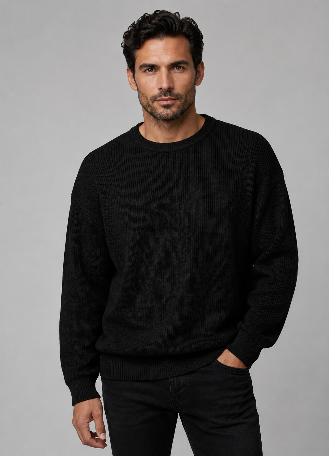 Ansett Pure Wool Black Fisherman Rib Knit Jumper