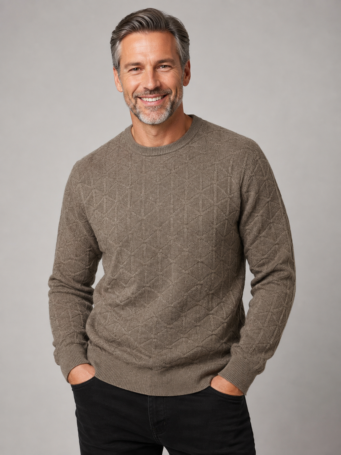 Men's Cashmere Merino Wool Textured Crew Neck Jumper - Nutmeg