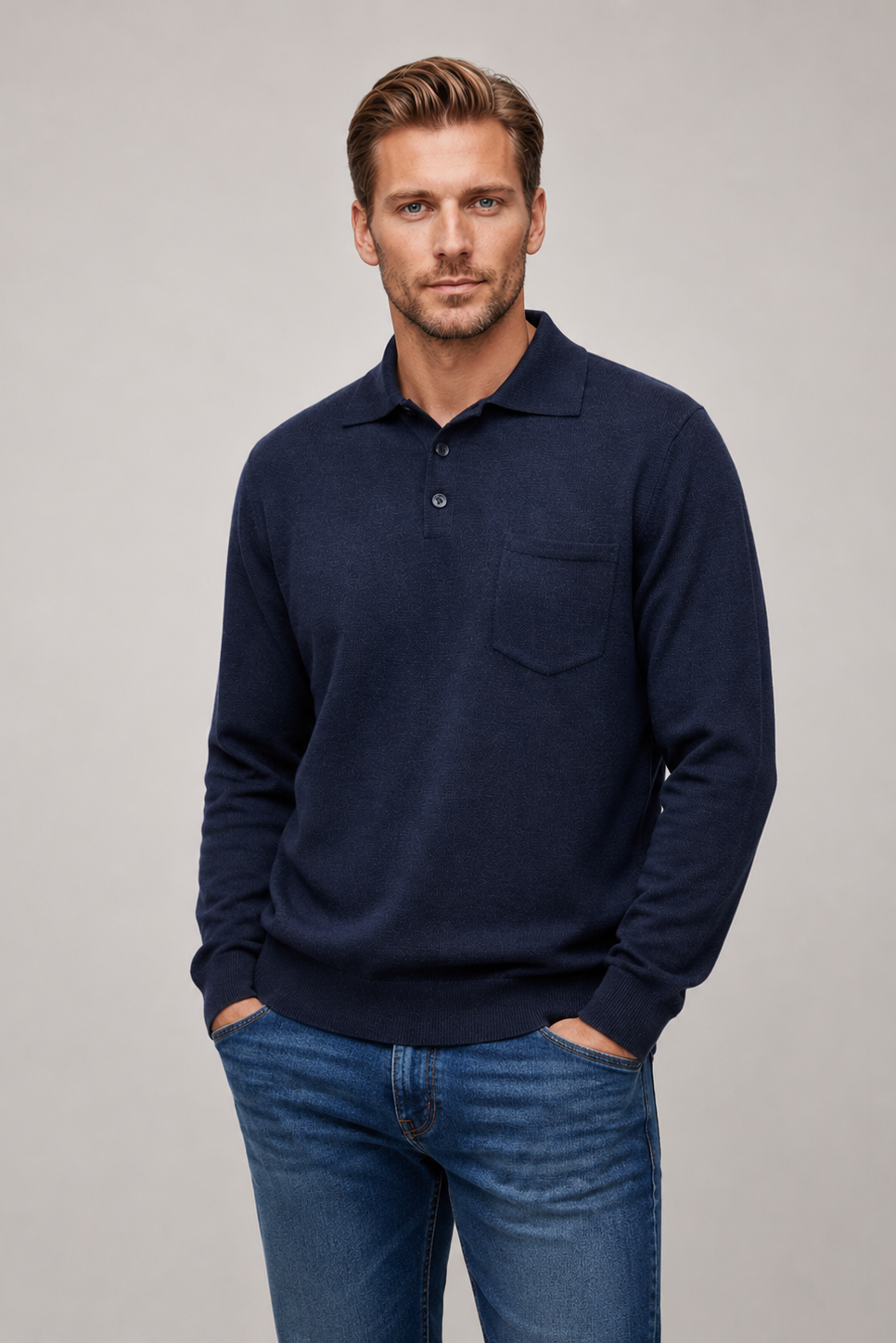 Ansett Denim Blue 3 Button Polo Fine Merino Wool Jumper