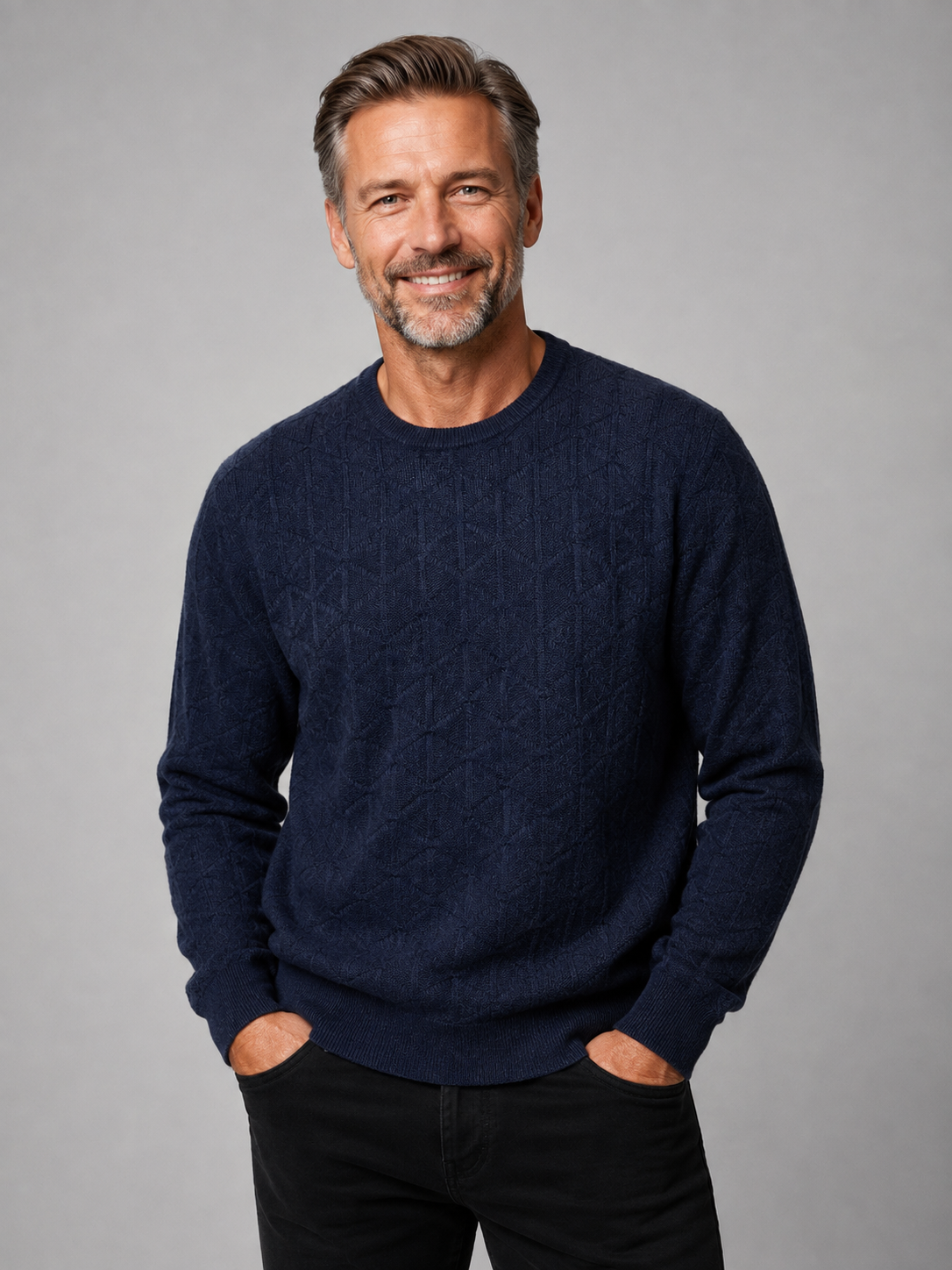 Men's Cashmere Merino Wool Textured Crew Neck Jumper - Indigo Blue
