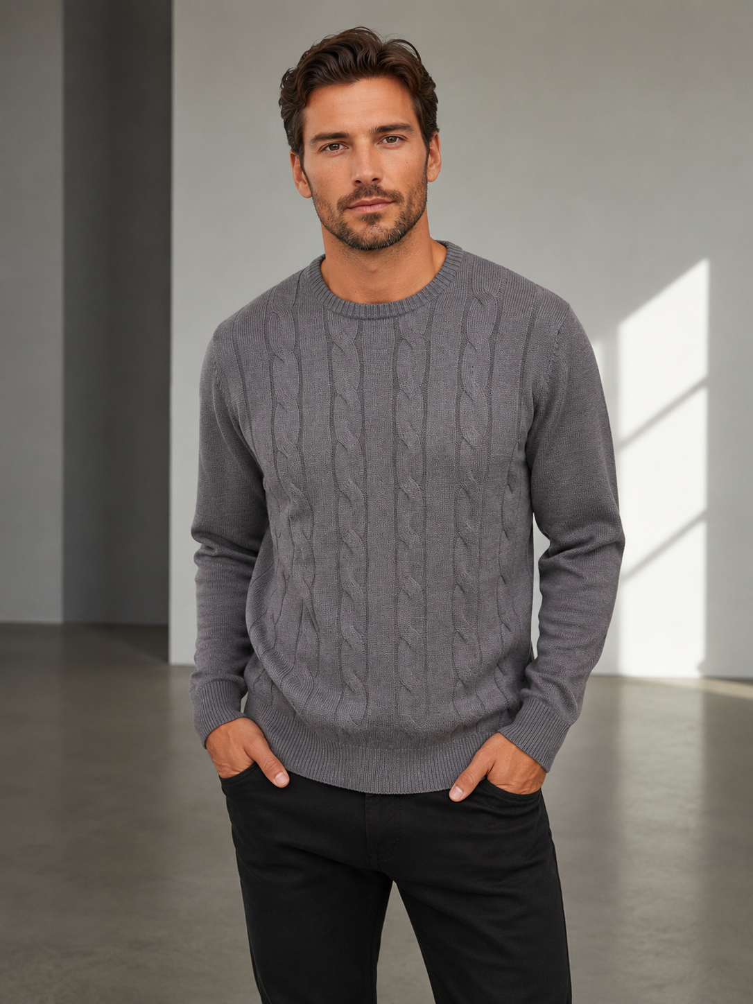 Ansett Mauve Cashmere Merino Wool Cable Knit Crew Neck Jumper