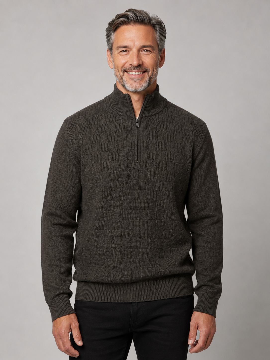 Ansett Coffee Brown Half Zip Cable Wool Jumper