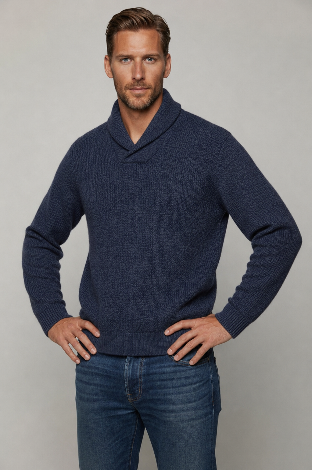 Ansett Men's Wool Patterned Shawl Neck Jumper - Indigo Blue