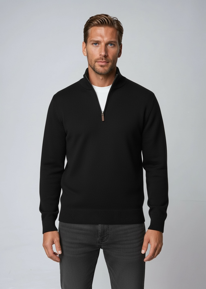 Men's 100% Merino Wool Quarter Zip Jumper - Black