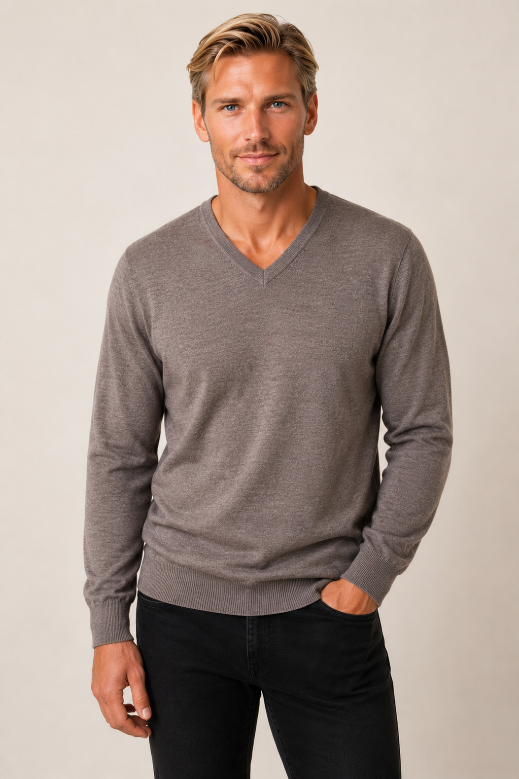 Ansett Date Brown Fine Weight Merino Wool V Neck Jumper