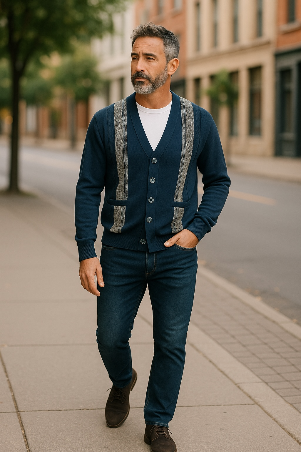 Navy Blue Pattern V Neck Cardigan - Tradewinds By Ansett
