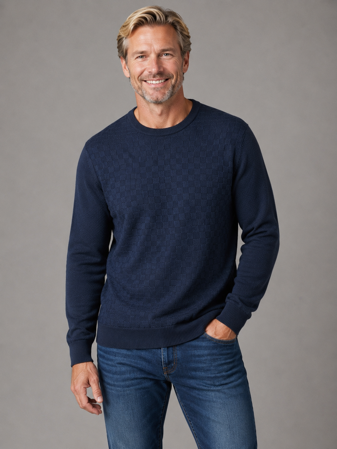 Pure Wool Ansett Self Patterned Crew Neck Jumper Denim