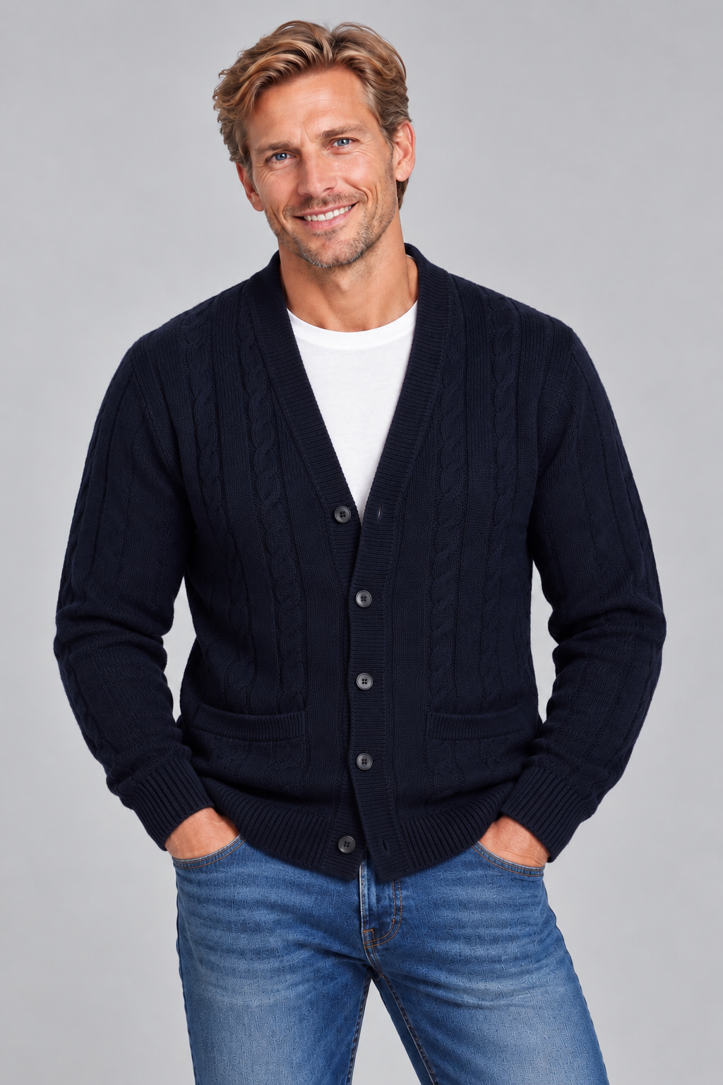 A smiling man wearing a dark navy blue cable-knit cardigan over a white t-shirt and blue jeans, standing against a solid gray studio background.
