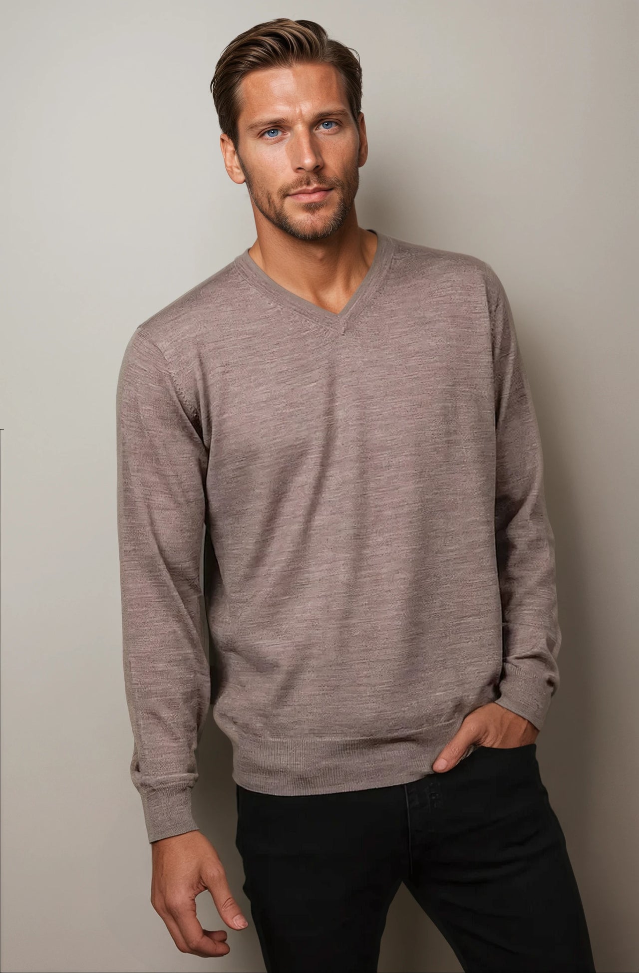 Ansett Mouse Brown Fine Weight Merino Wool V Neck Jumper