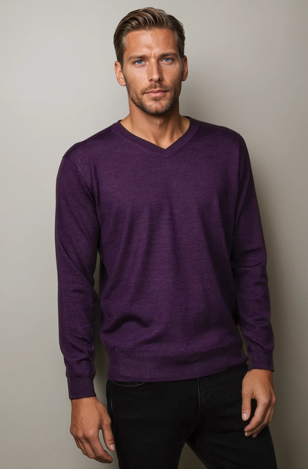 Ansett Mulberry Purple Fine Weight Merino Wool V Neck Jumper