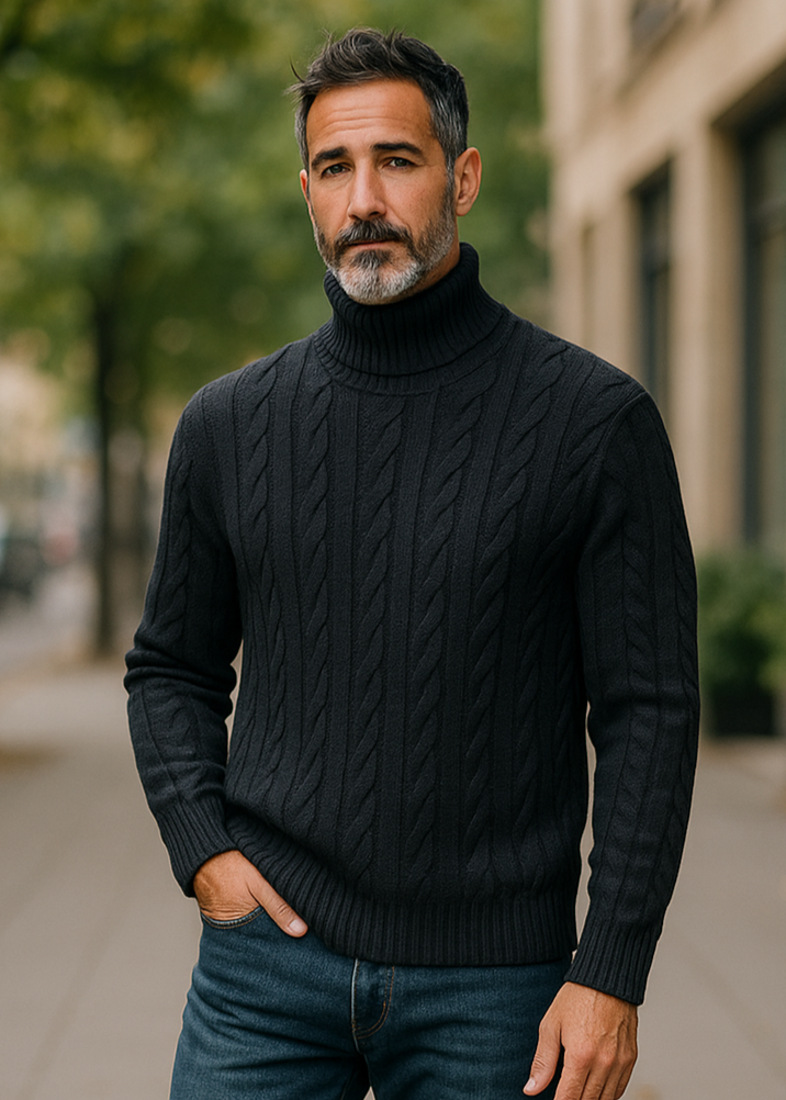 Ansett Navy Blue Roll Neck Skivvy – 100% Pure Wool Cable Knit Jumper