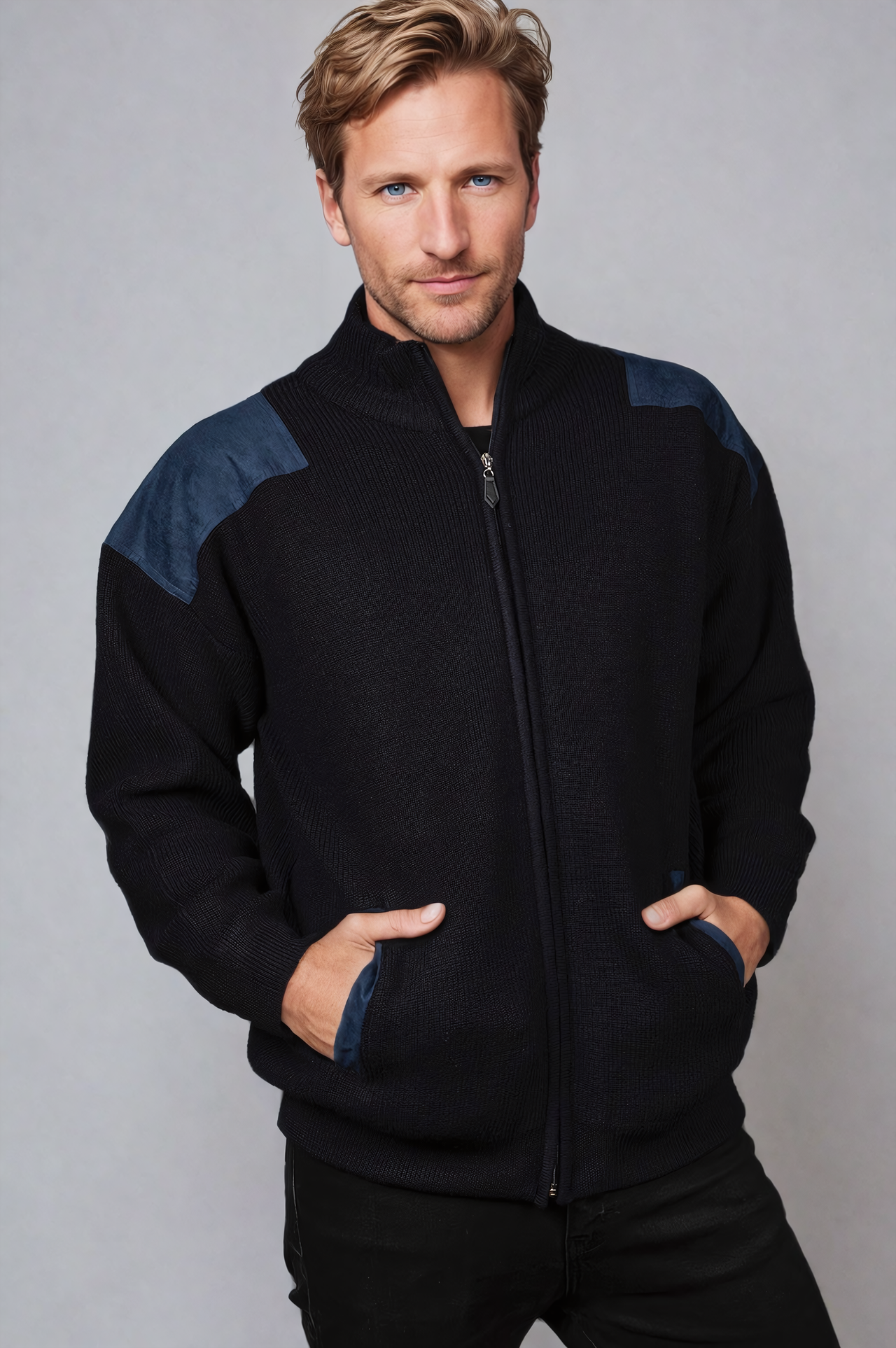 Ansett Wool Navy Blue Zip Jacket With Navy Elbow And Shoulder Patches