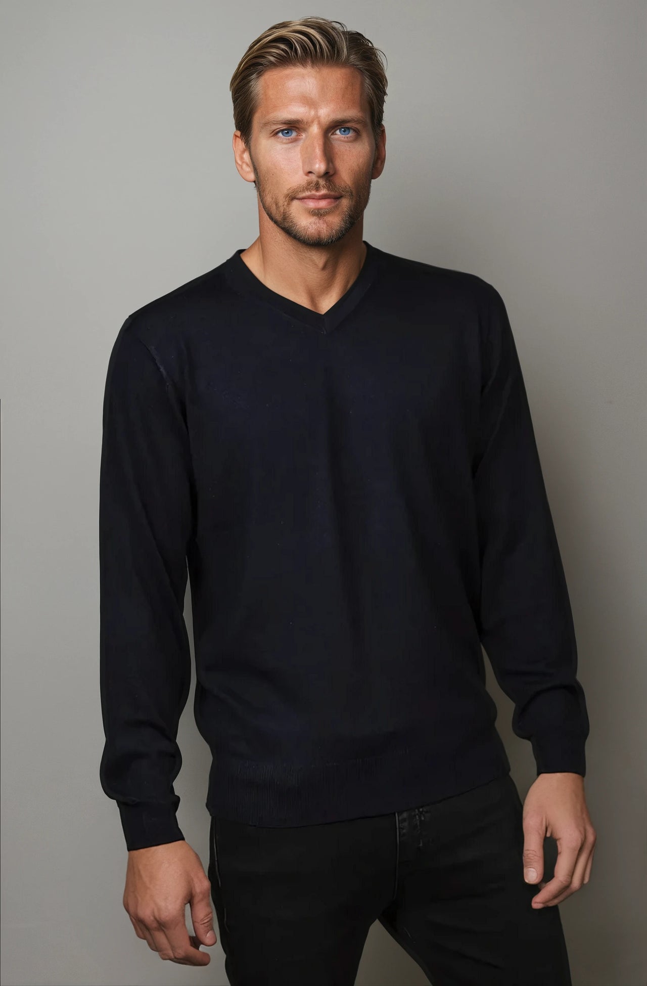 Ansett Navy Blue Fine Weight Merino Wool V Neck Jumper
