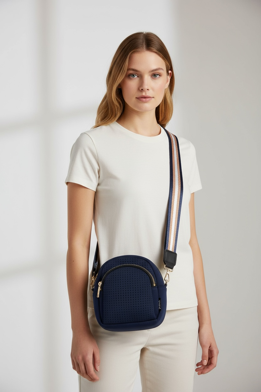 Navy and Gold Punch Neoprene Moon Shoulder Bag