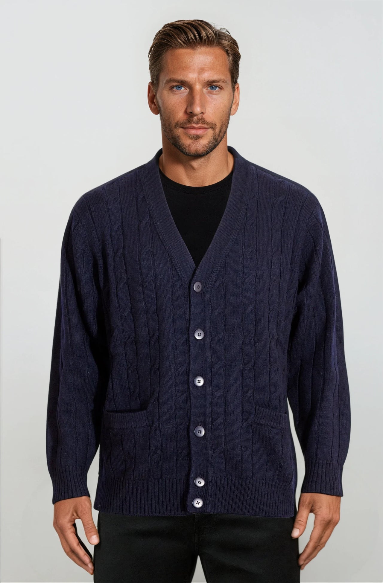 Navy Cable Knit Cardigan Ansett Plain Knitwear