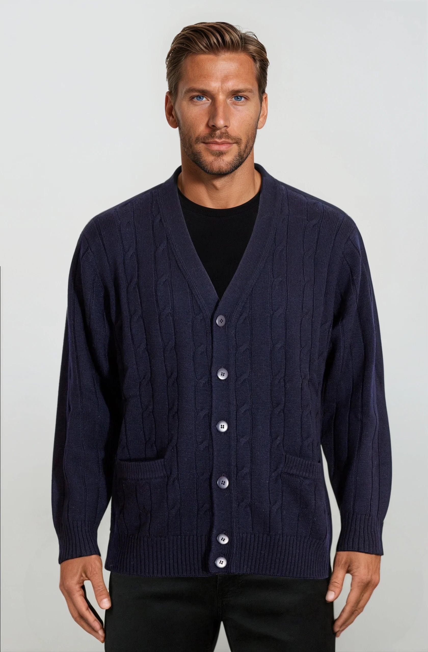 Navy Cable Knit Cardigan Ansett Plain Knitwear