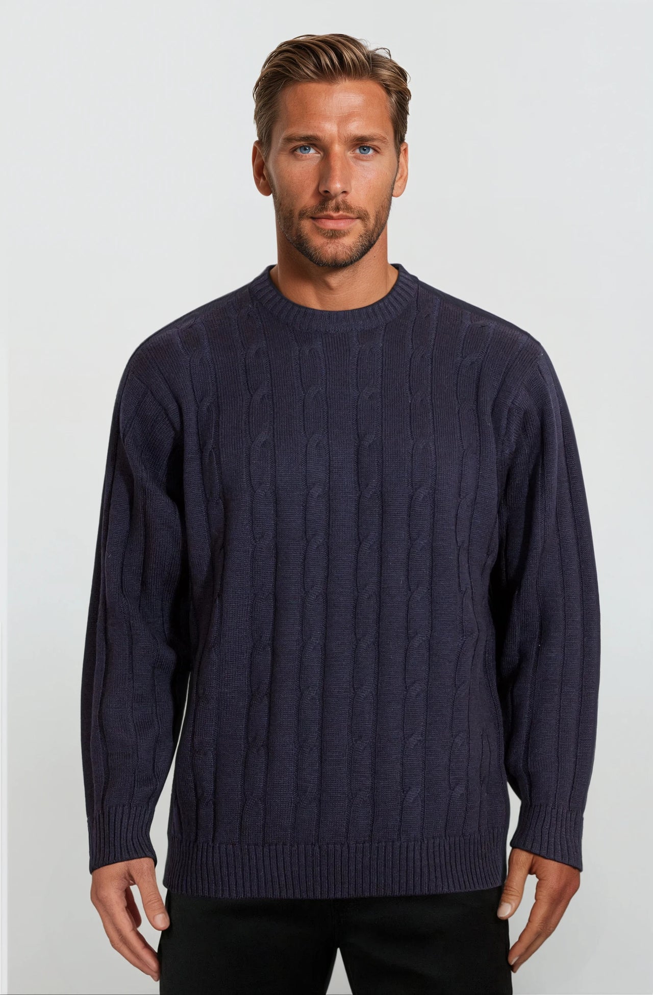 Navy Cable Crew Neck Jumper Ansett Plain Knitwear