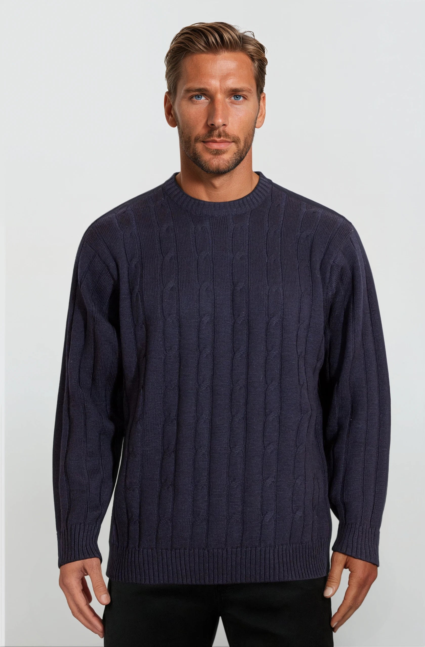 Navy Cable Crew Neck Jumper Ansett Plain Knitwear