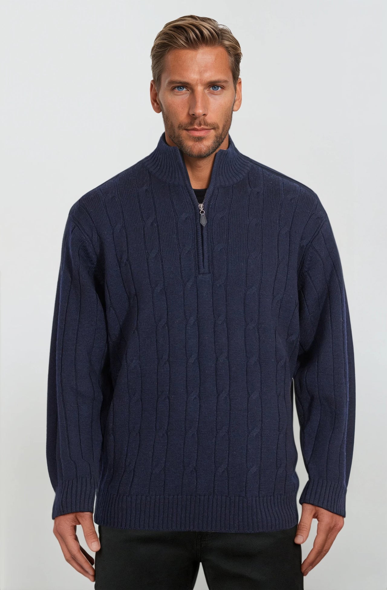 Navy Half Zip Cable Jumper Ansett Plain Knitwear