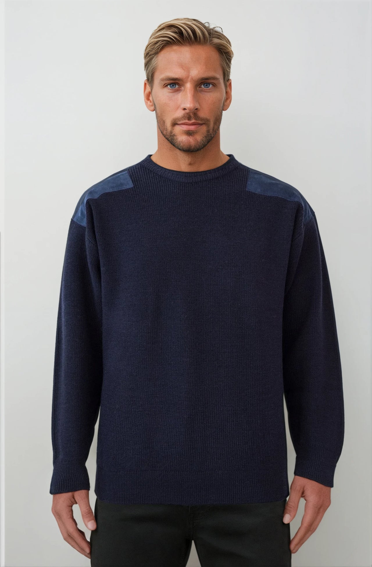 Navy Jumper With Elbow And Shoulder Patches Ansett Plain Knitwear