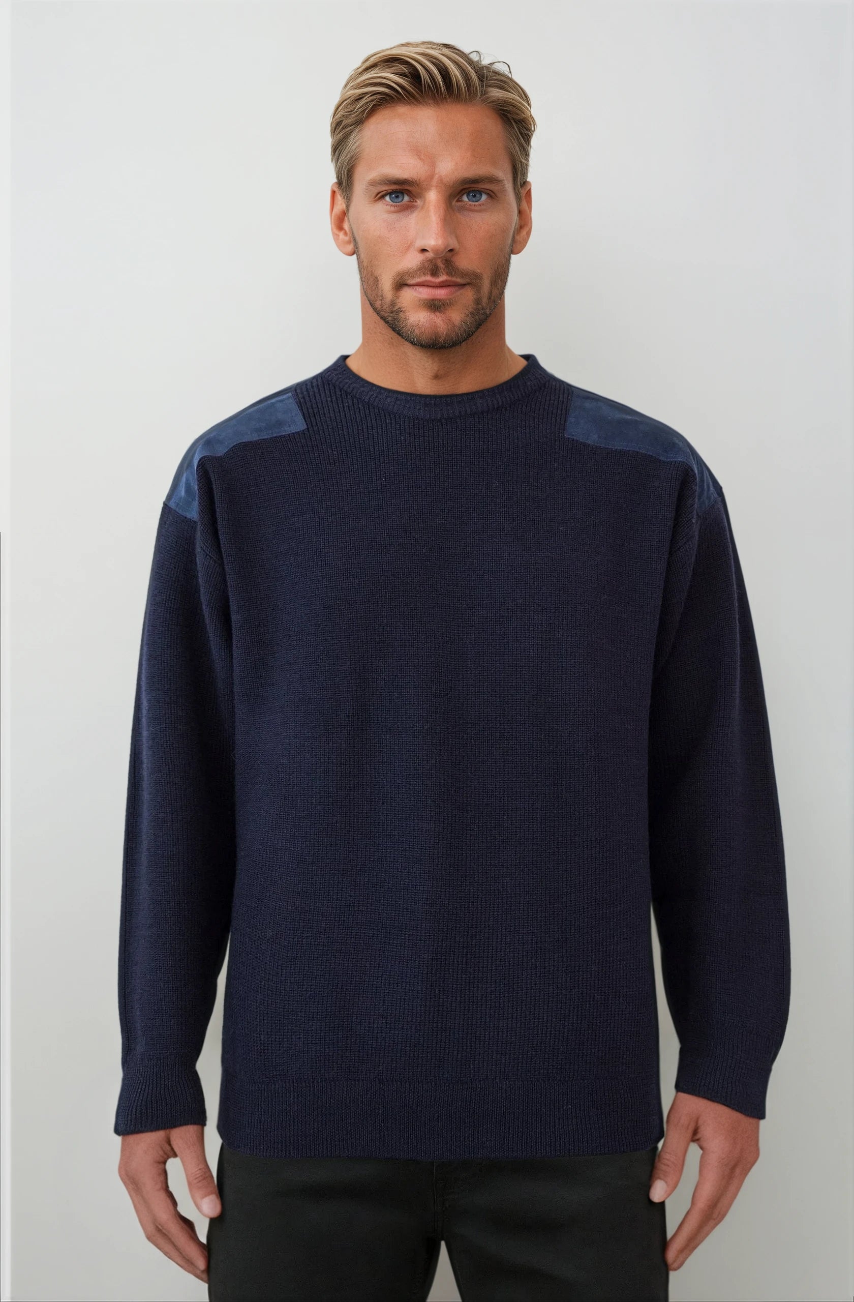 Navy Jumper With Elbow And Shoulder Patches Ansett Plain Knitwear