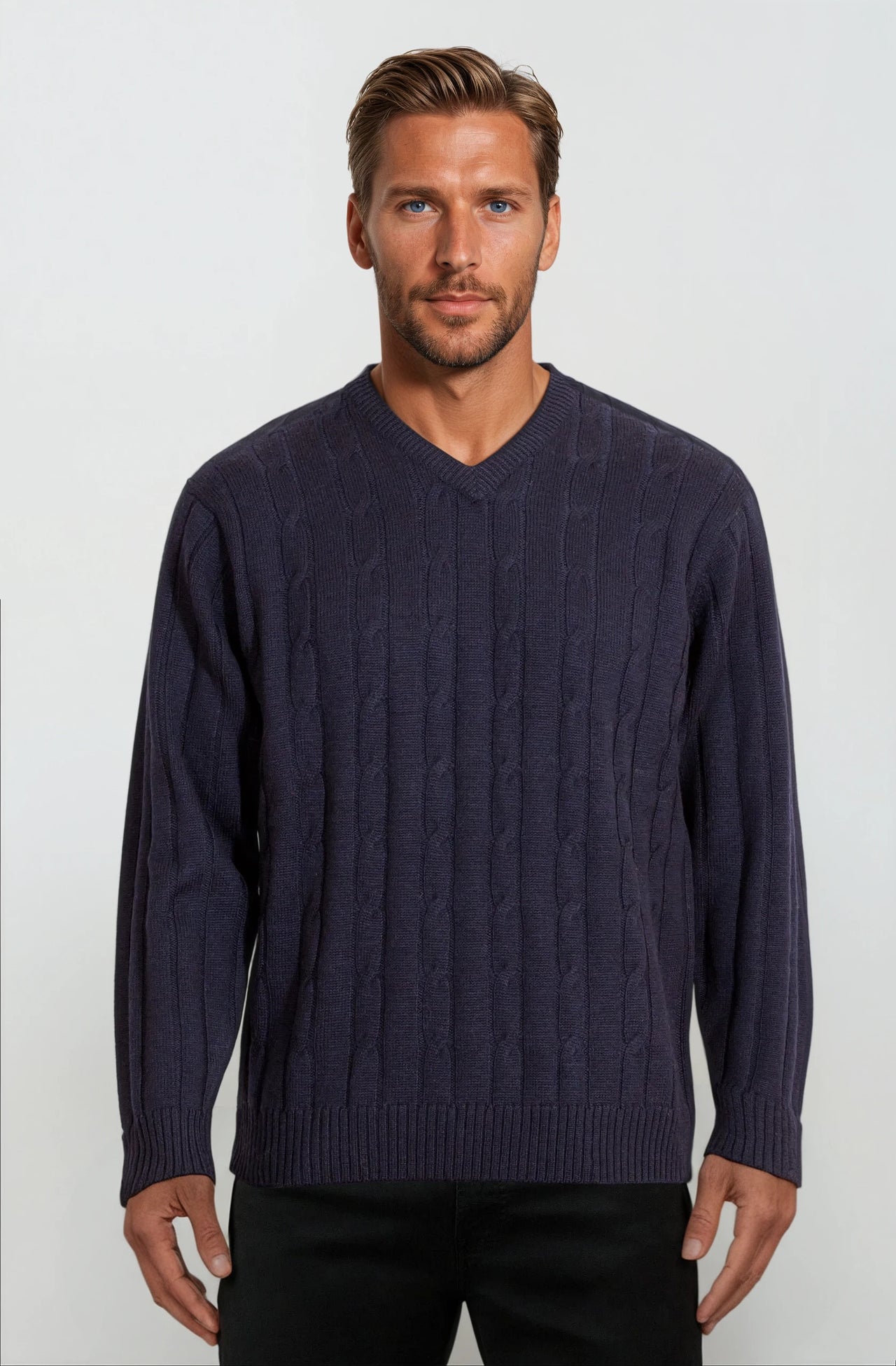 Navy Cable V Neck Jumper Ansett Plain Knitwear